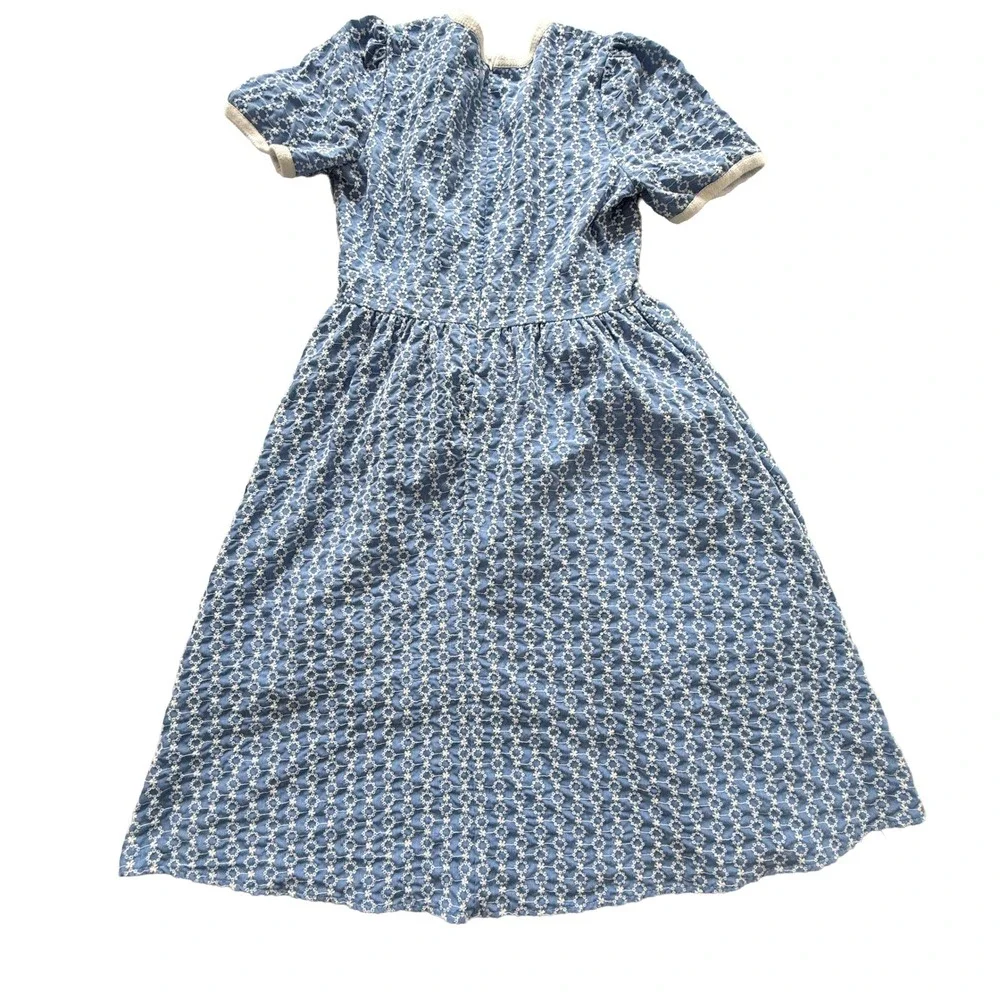 Dress Code Korea Blue White Floral Eyelet Puff Sleeve Wrap Midi Dress Womens - Picture 5 of 9